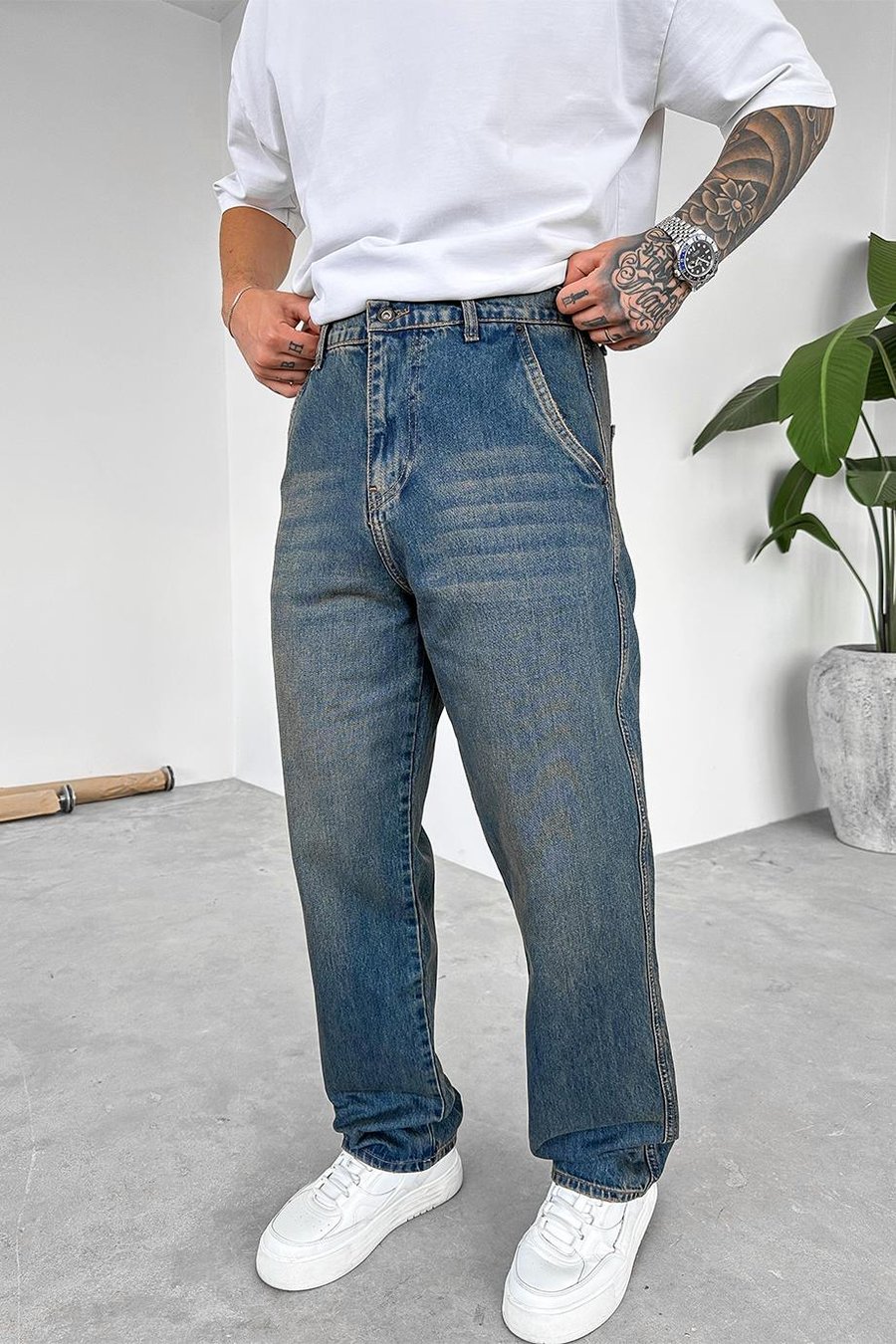 Eskitme Mavi Yan Cepli Basic Baggy Pantolon