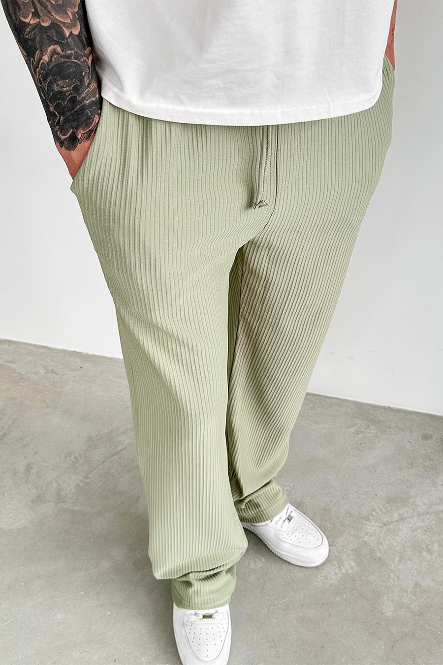 Fıstık Yeşili Beli Lastikli Fitilli Baggy Pantolon