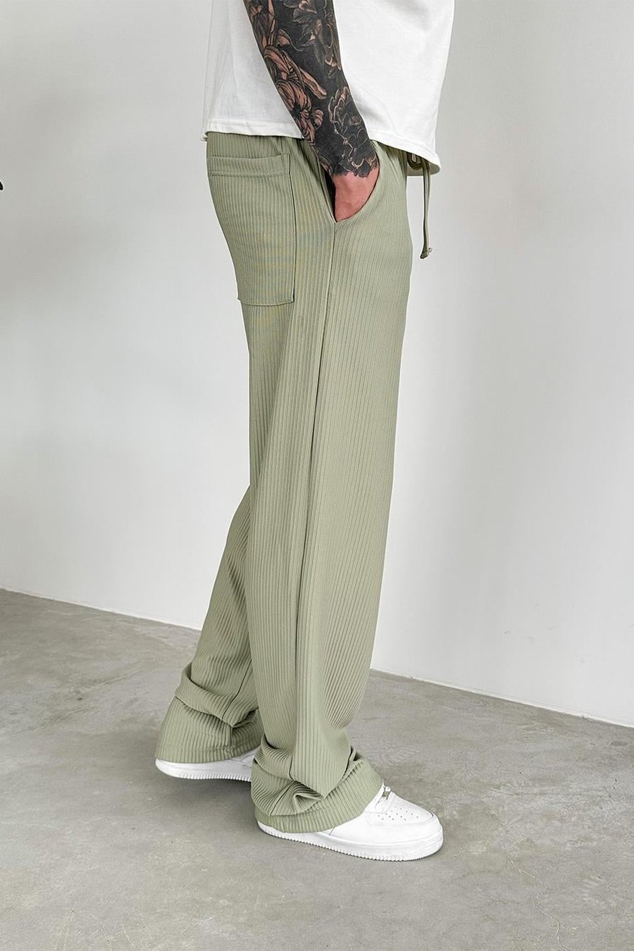 Fıstık Yeşili Beli Lastikli Fitilli Baggy Pantolon