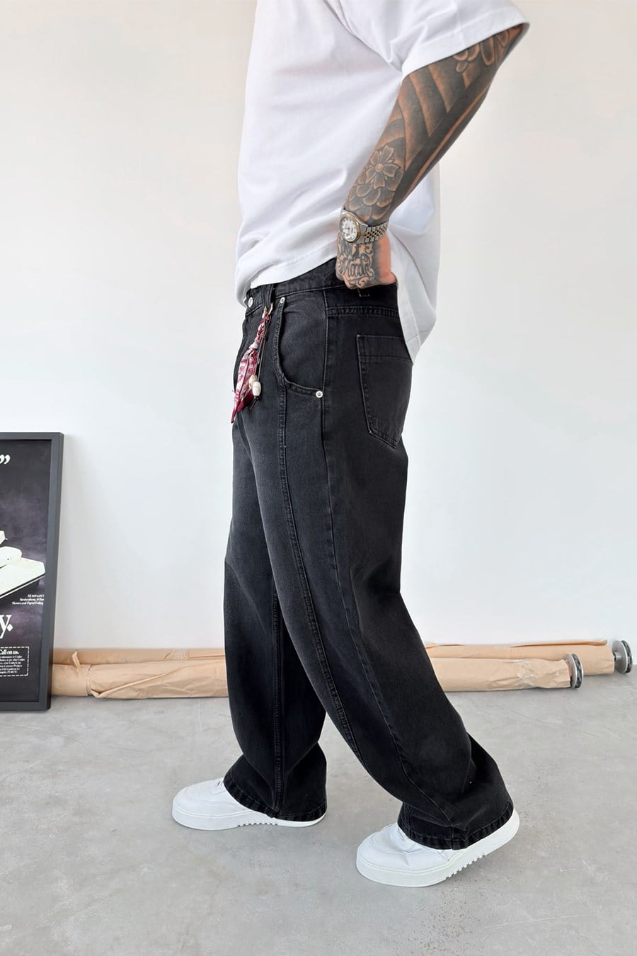 Füme Aksesuar Detaylı Çımalı Baggy Pantolon