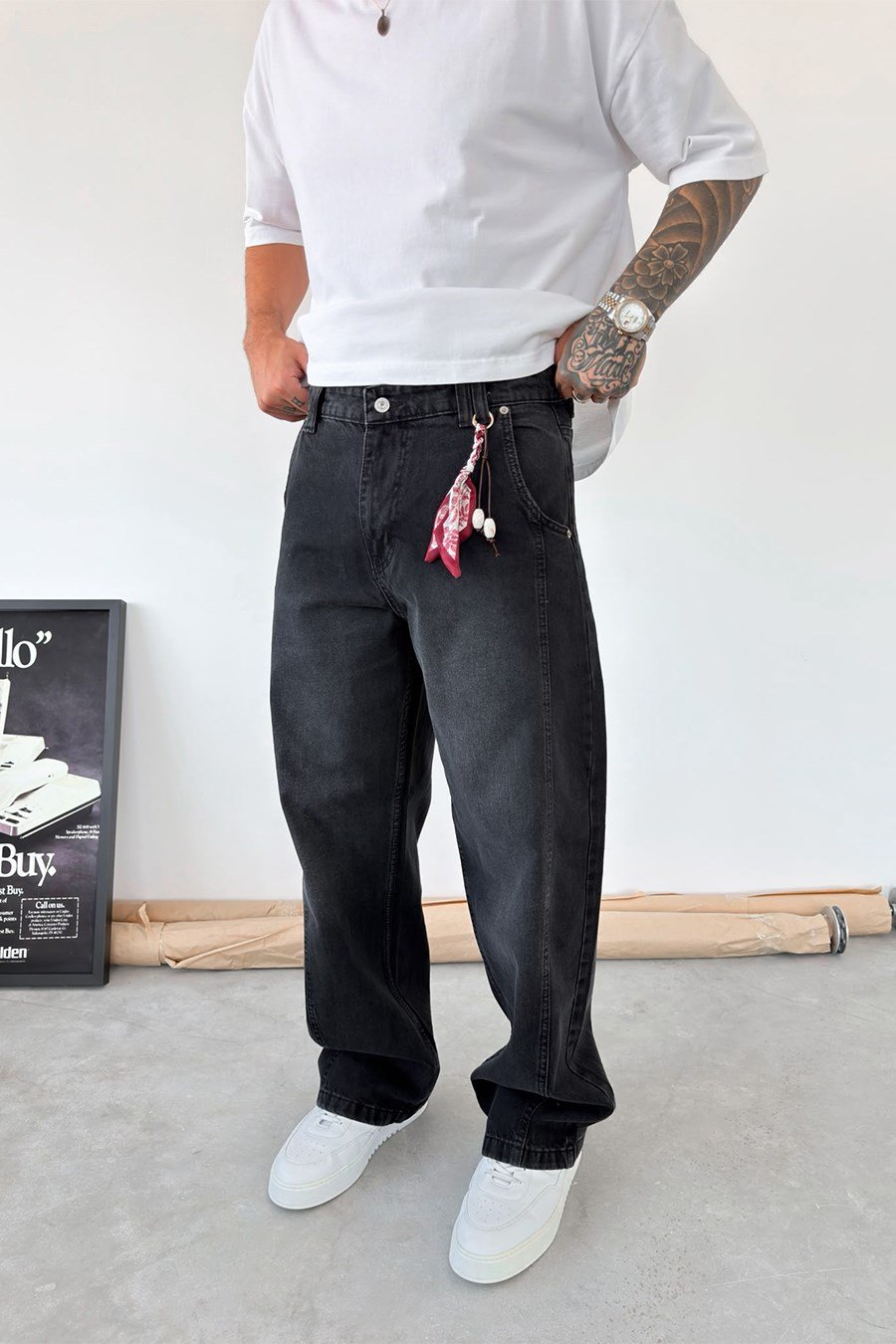 Füme Aksesuar Detaylı Çımalı Baggy Pantolon