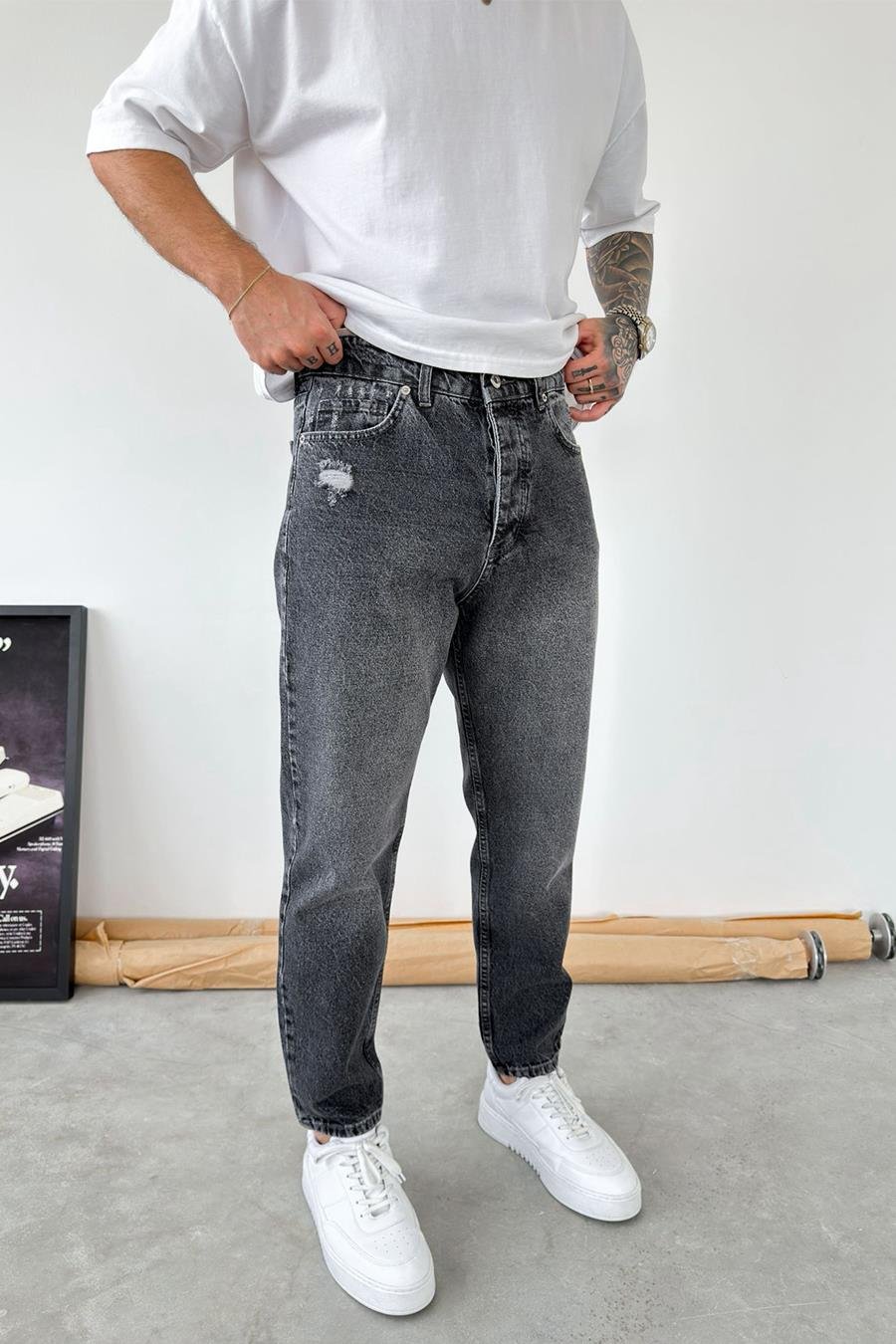 Füme Basic Yırtıklı Boyfriend Pantolon
