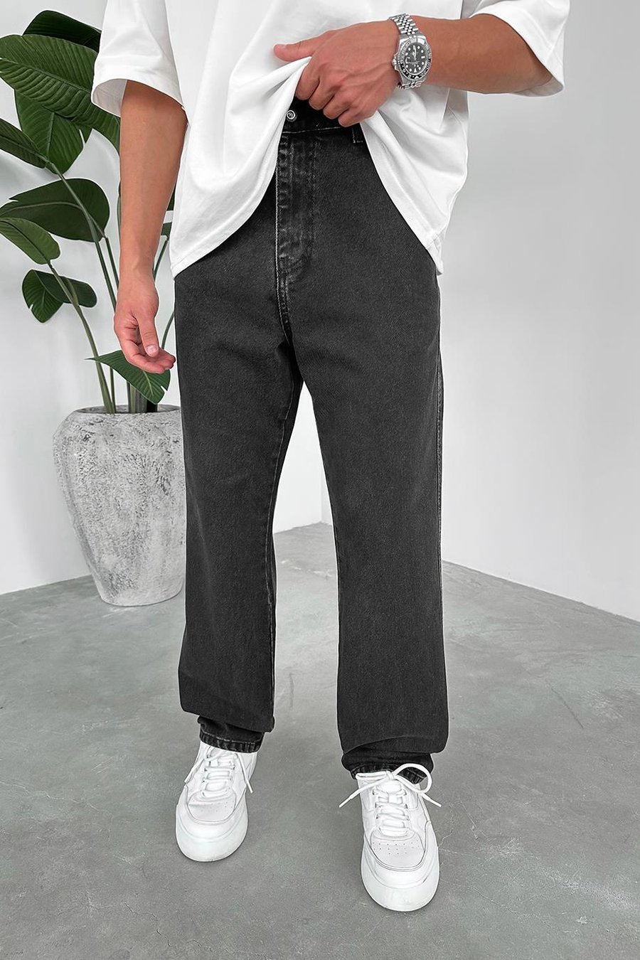 Füme Yan Cepli Basic Baggy Pantolon