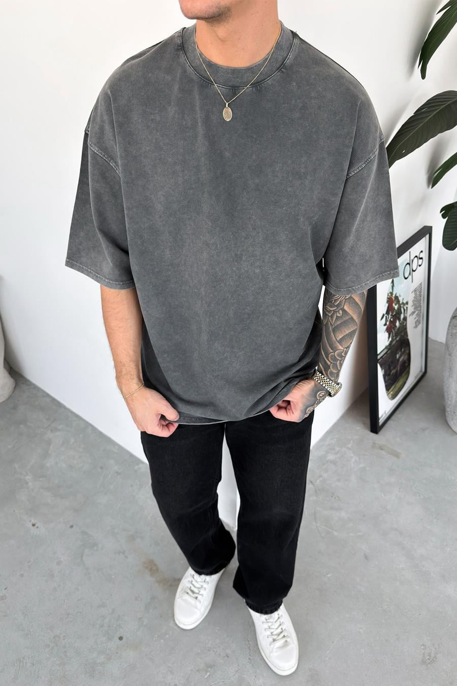 Gri Acid Wash Basic Oversize Tişört