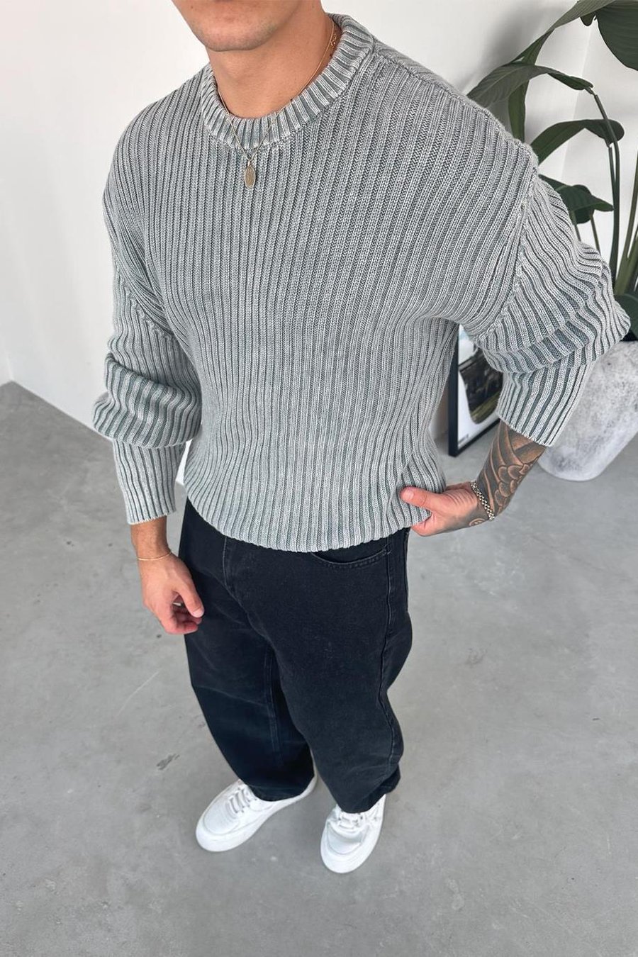 Gri Acid Wash Fitilli Oversize Triko Kazak