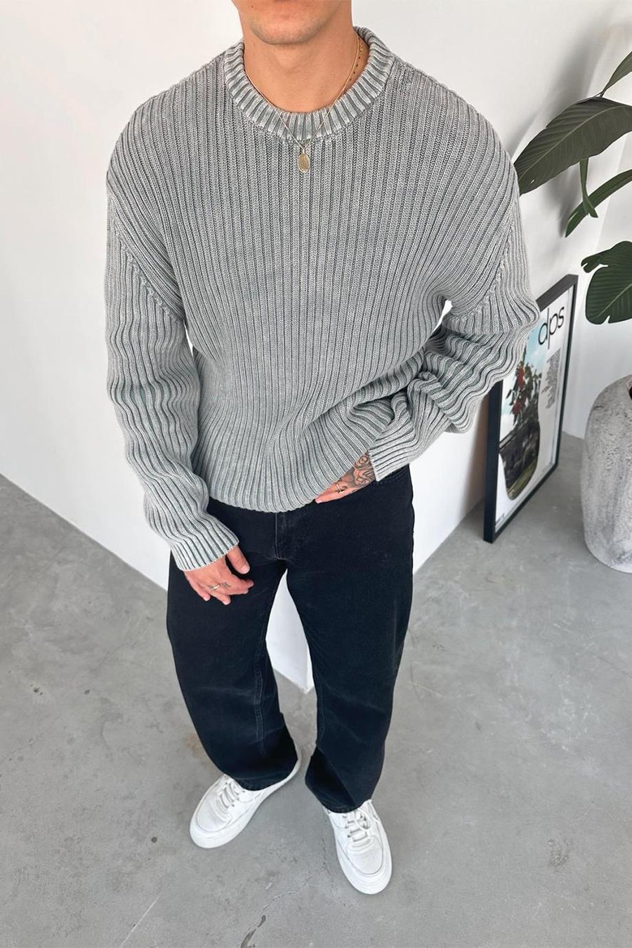 Gri Acid Wash Fitilli Oversize Triko Kazak