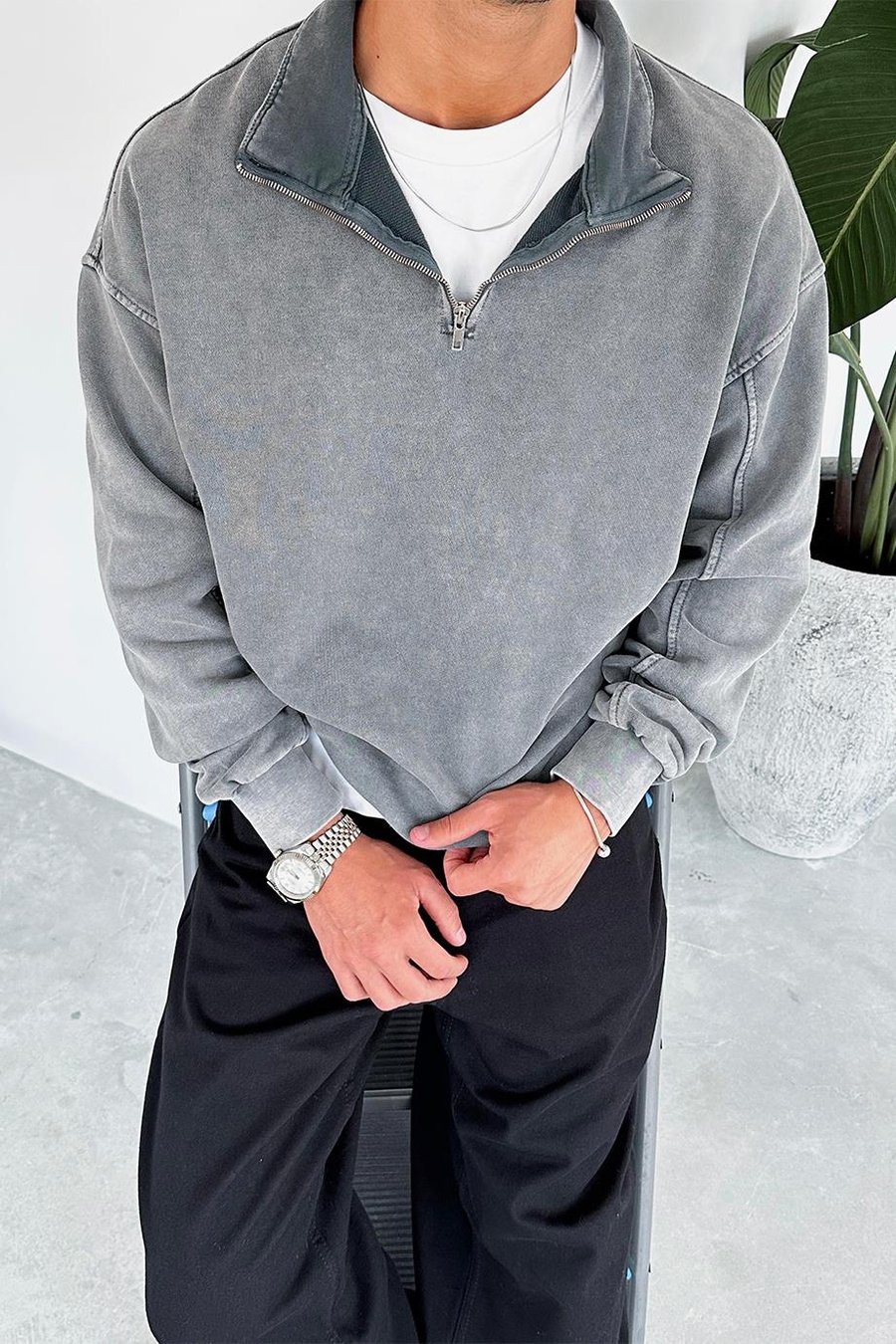 Gri Acid Wash Yarım Fermuar Oversize Sweatshirt