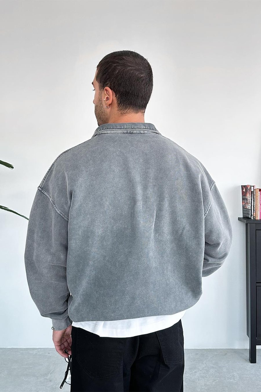Gri Acid Wash Yarım Fermuar Oversize Sweatshirt