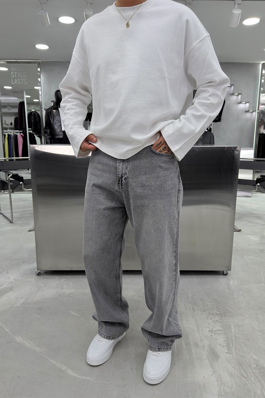 Gri Basic Baggy Pantolon