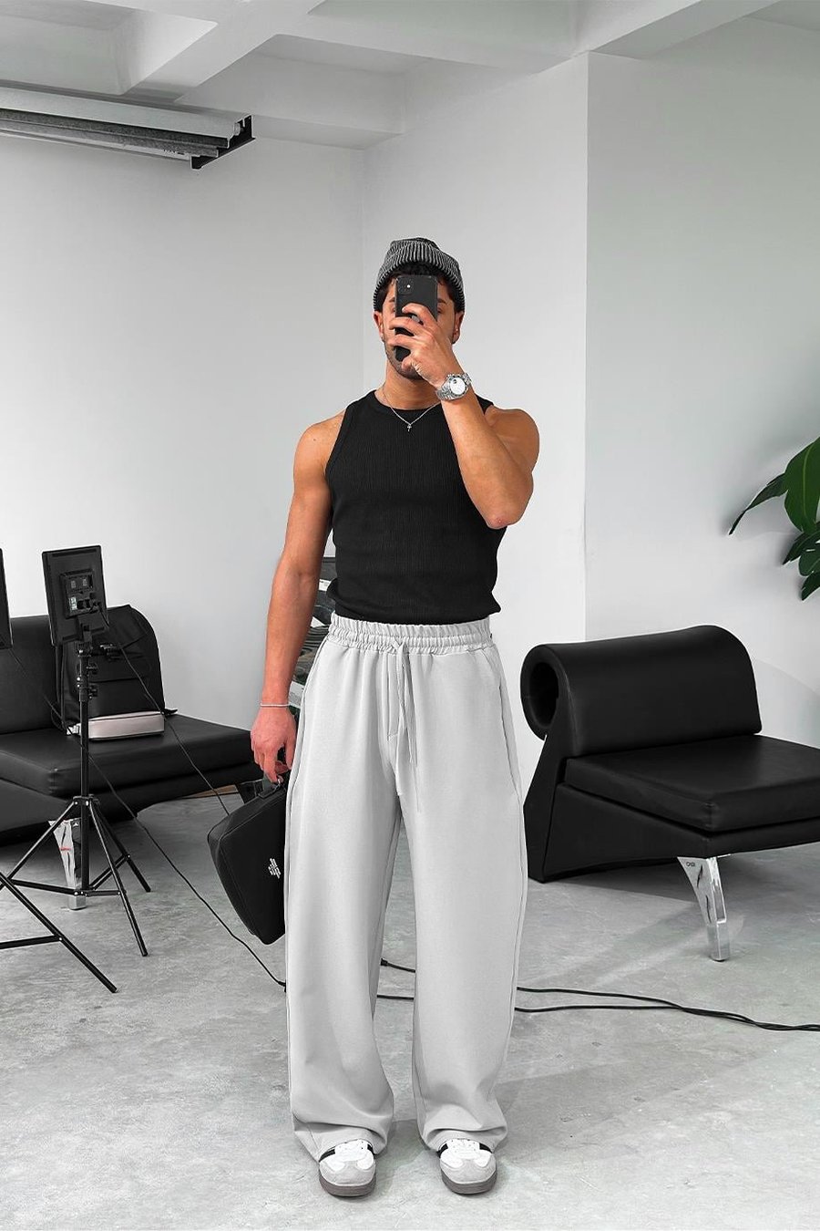 Gri Basic Beli Lastikli Baggy Kumaş Pantolon