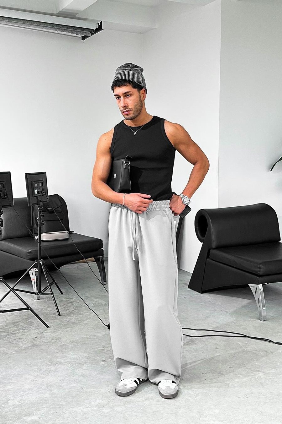 Gri Basic Beli Lastikli Baggy Kumaş Pantolon
