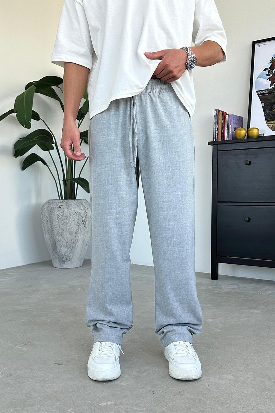 Gri Basic Beli Lastikli Kumaş EL Baggy Pantolon