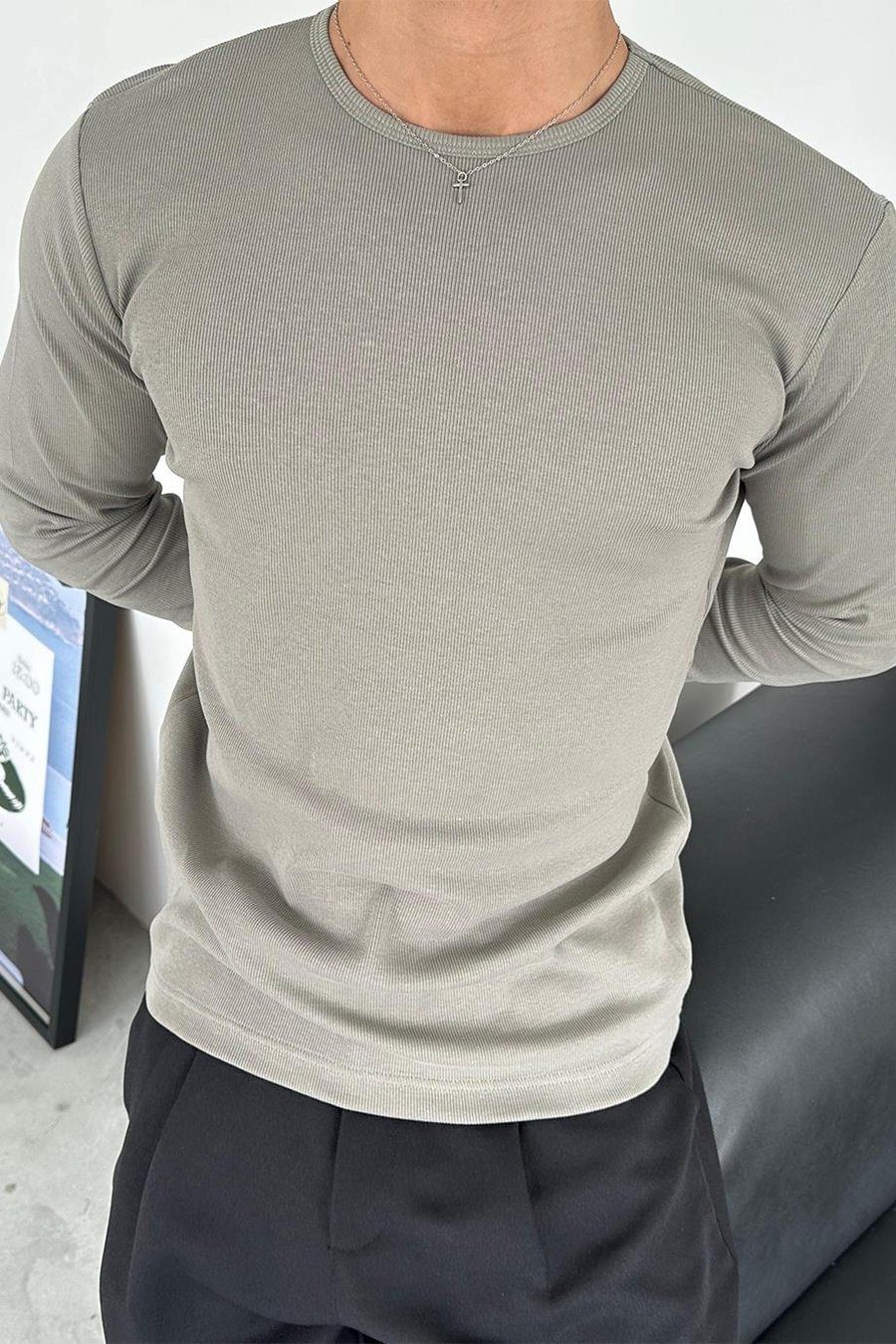 Gri Basic Fitilli Relax Fit Uzun Kollu Tişört