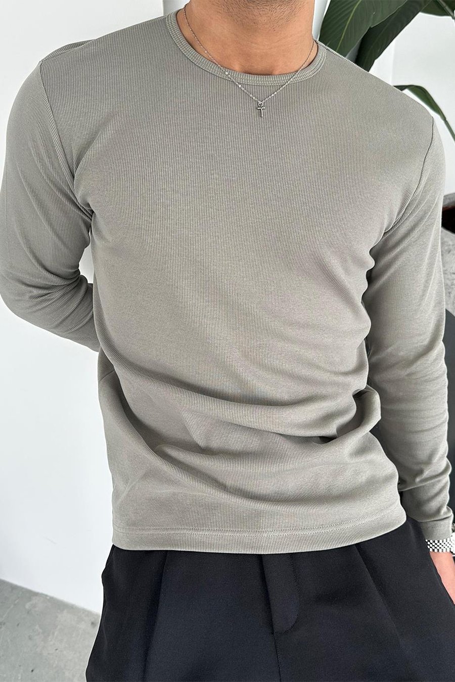 Gri Basic Fitilli Relax Fit Uzun Kollu Tişört