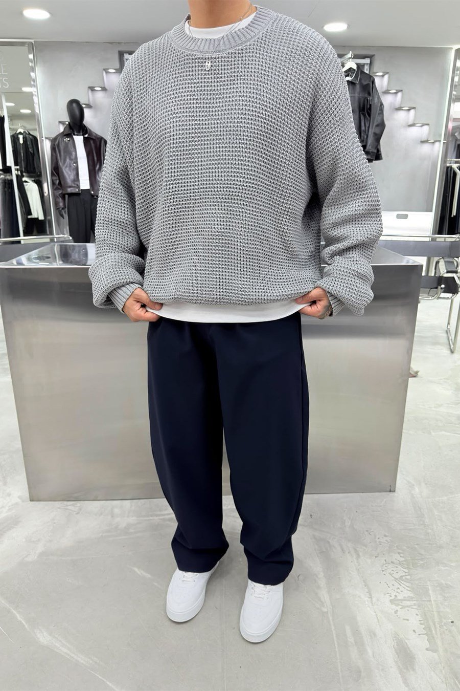 Gri Basic Örgülü Oversize Triko Kazak