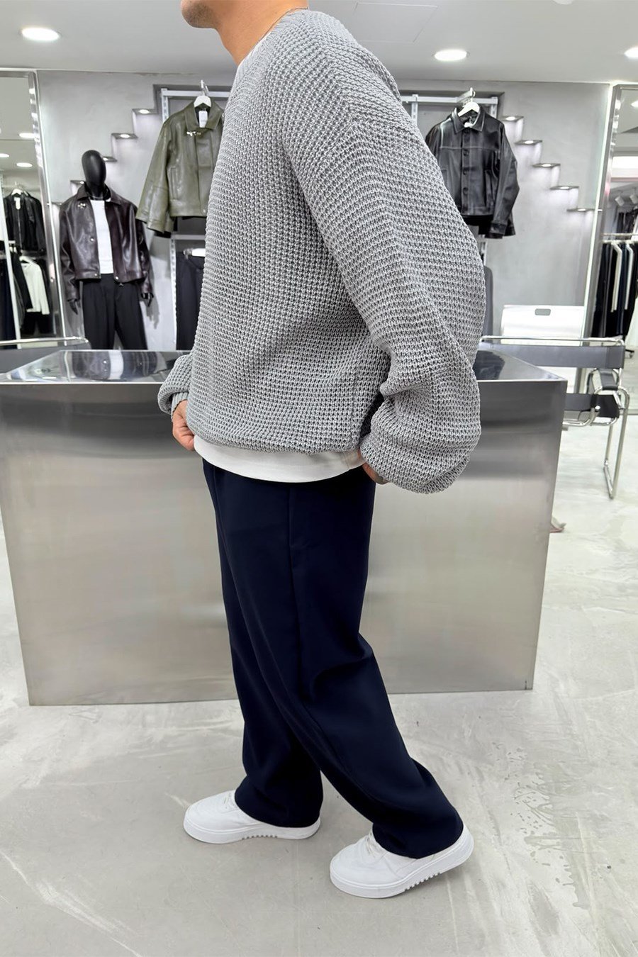 Gri Basic Örgülü Oversize Triko Kazak