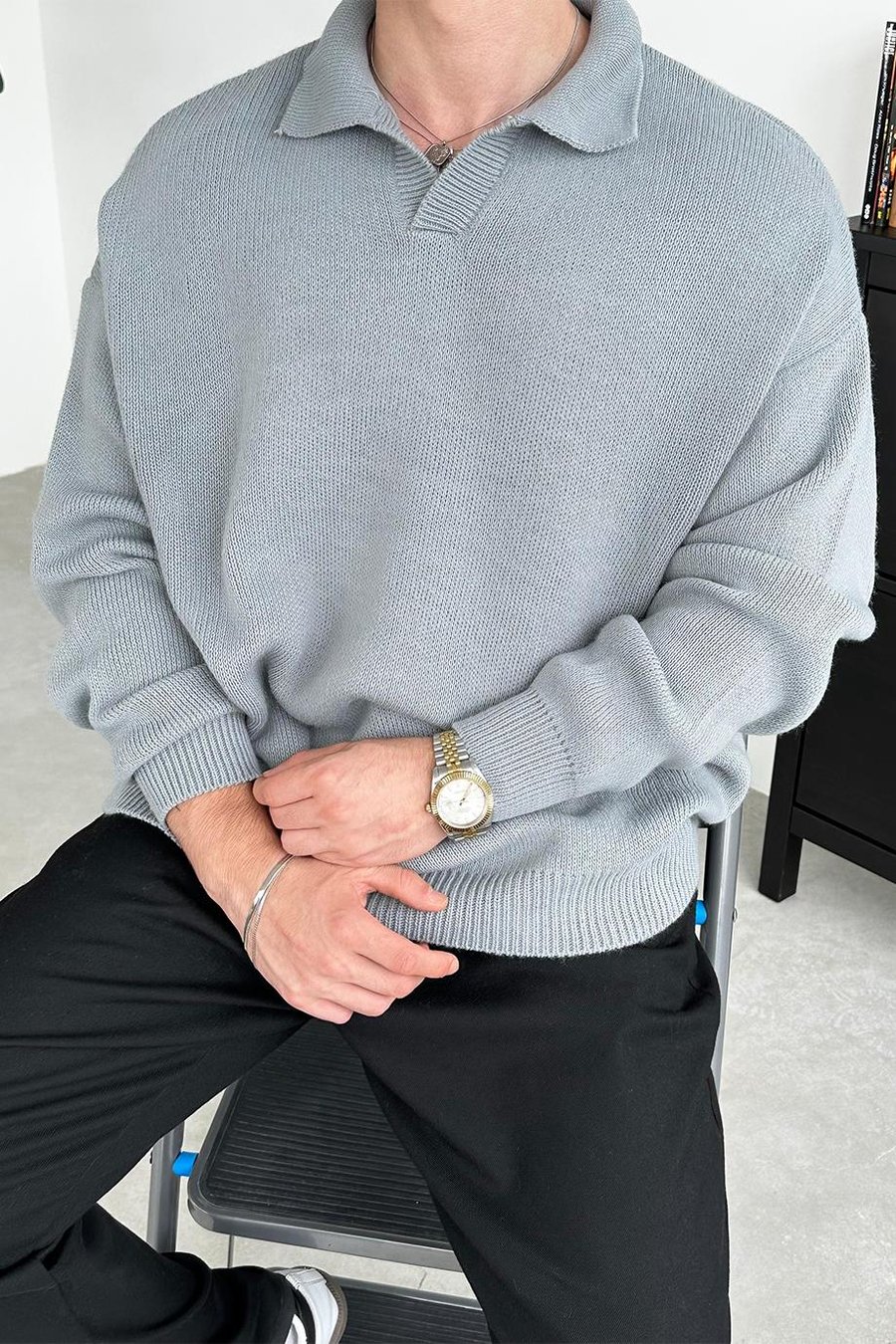 Gri Basic Polo Yaka Triko Kazak
