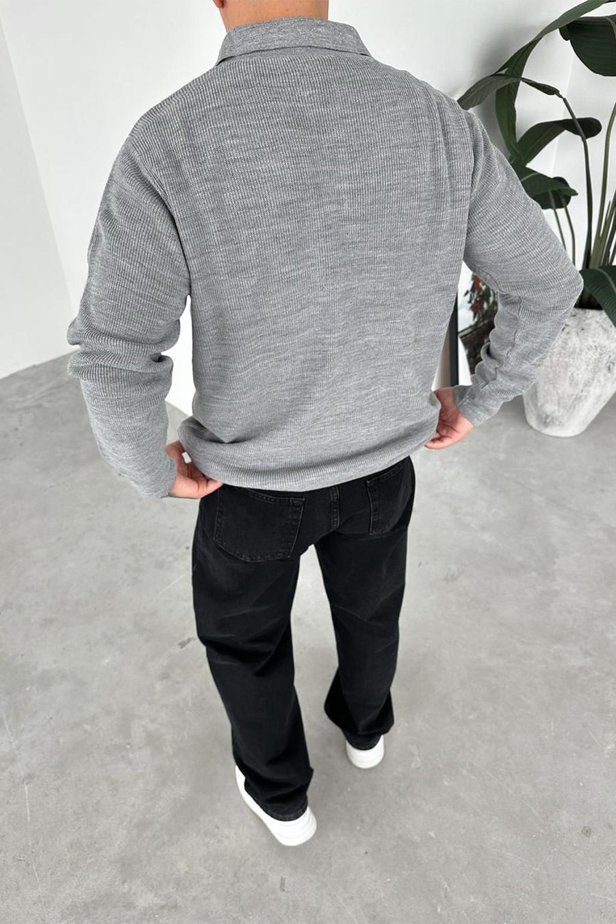 Gri Basic Polo Yaka Triko Kazak