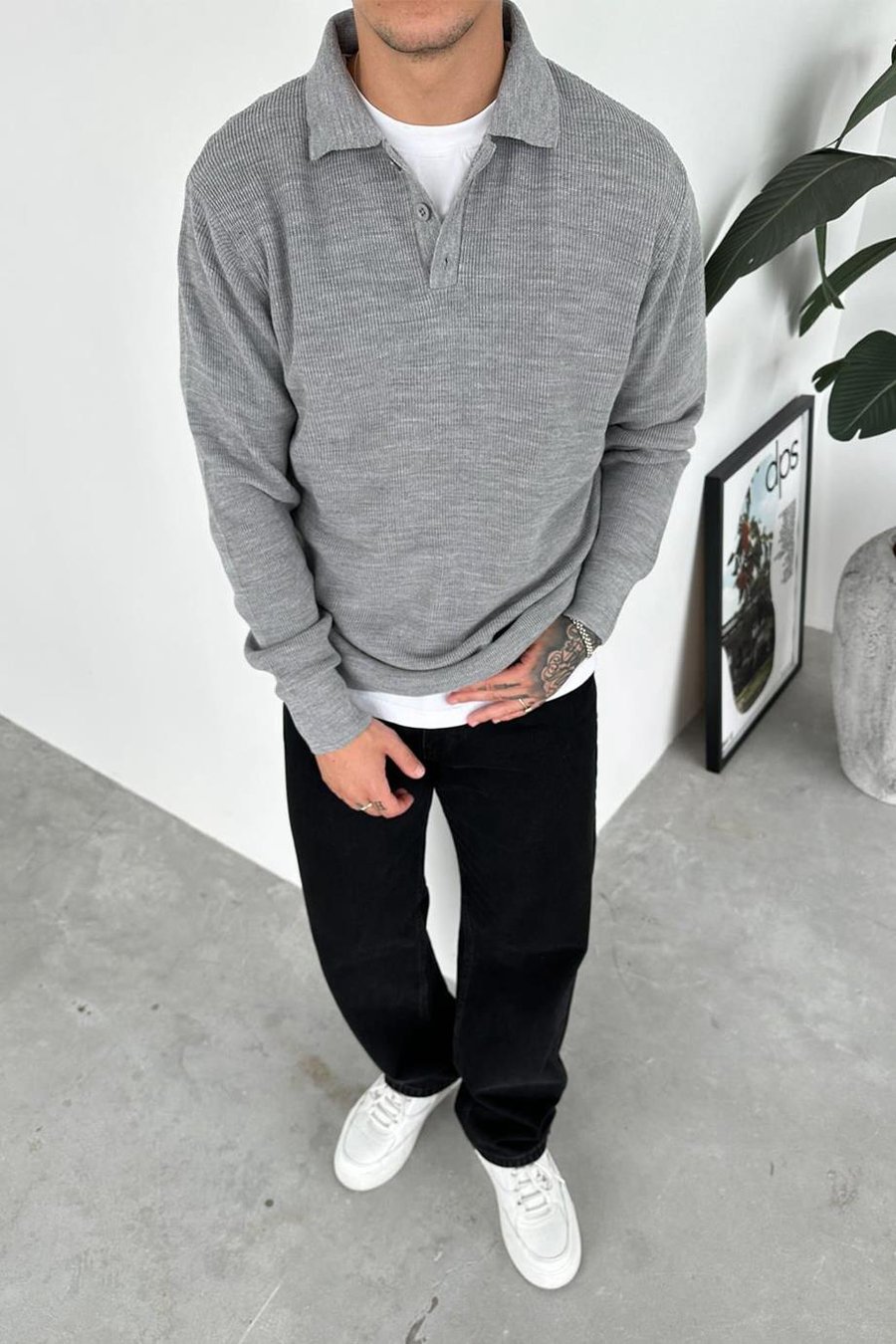 Gri Basic Polo Yaka Triko Kazak