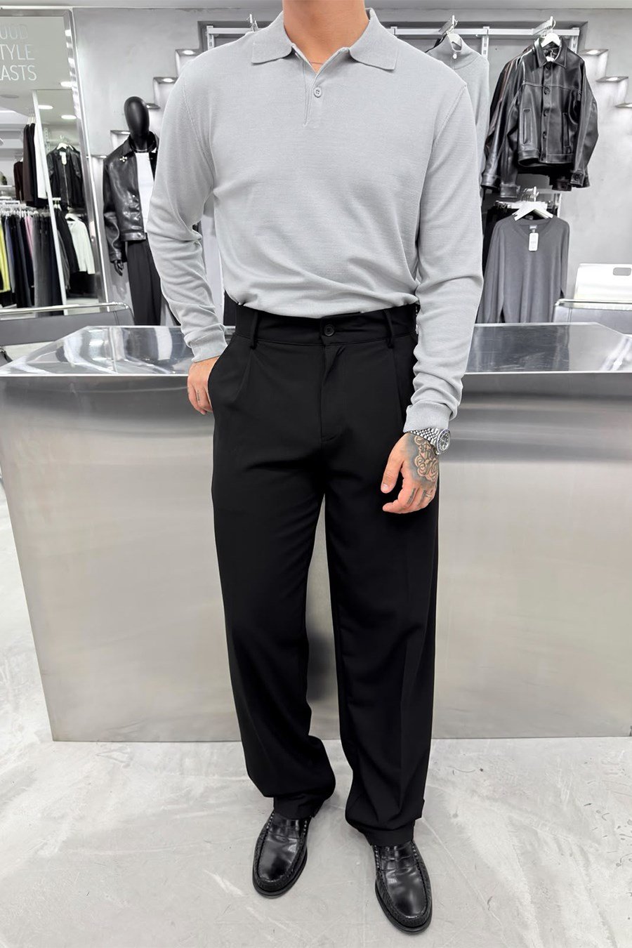 Gri Basic Premium Oversize Polo Yaka Tişört