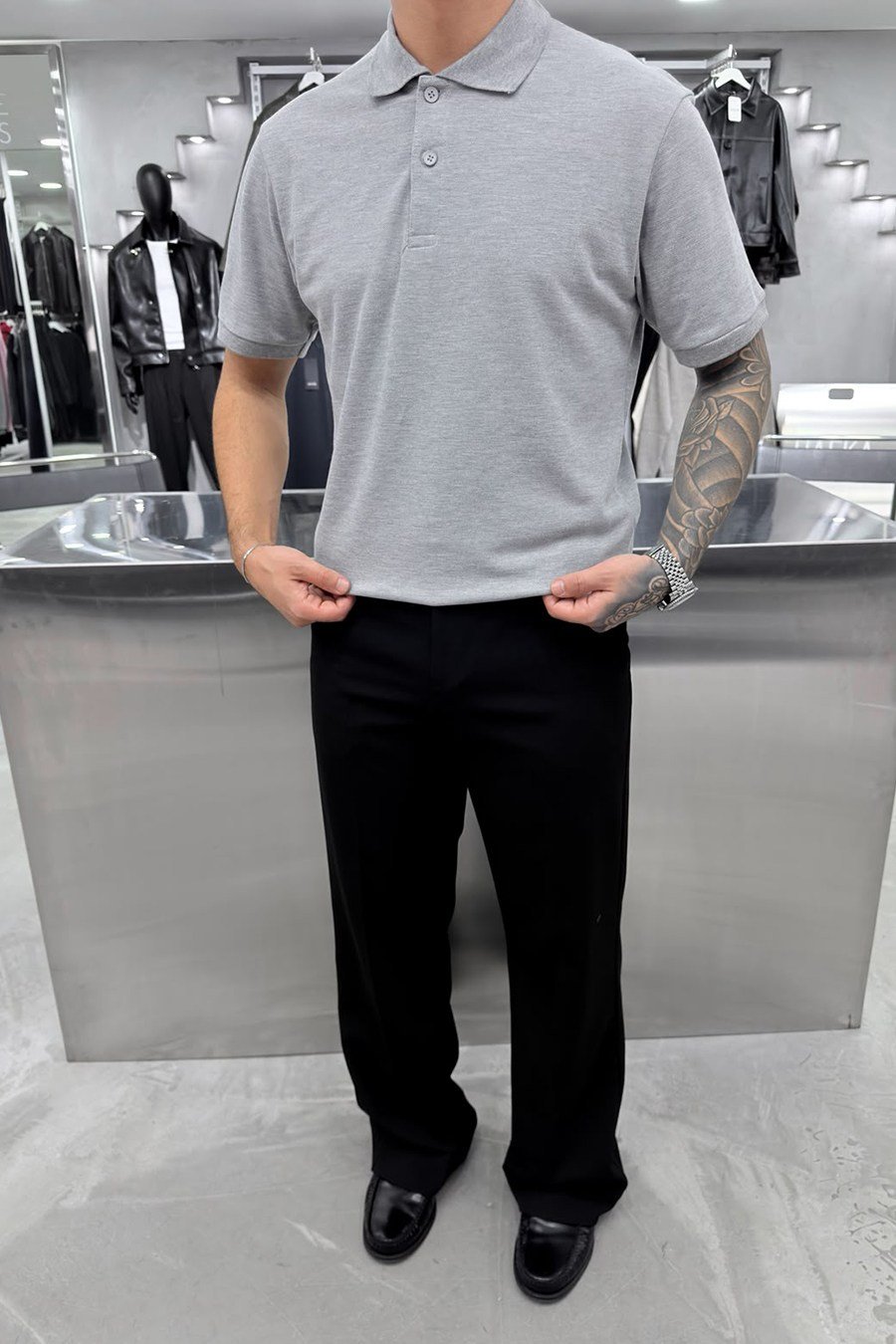 Gri Basic Premium Relaxed Polo Yaka Tişört