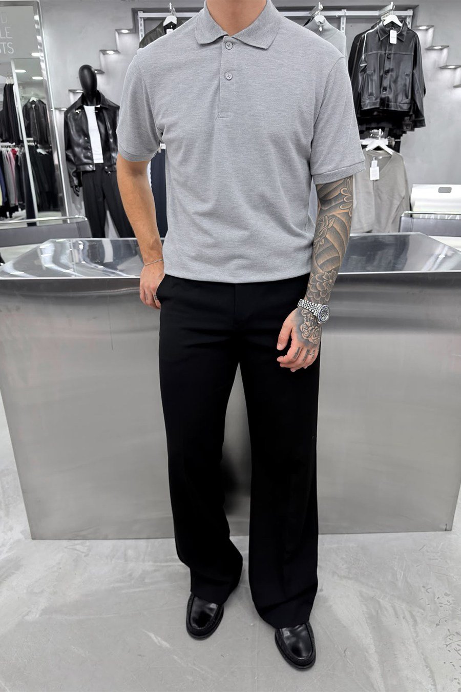 Gri Basic Premium Relaxed Polo Yaka Tişört