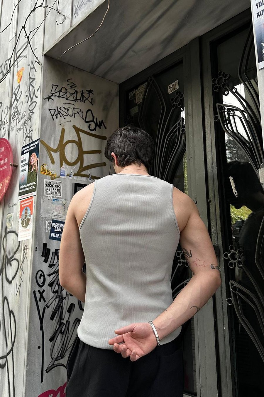GRİ Basic Tank Top Full Likralı OP Erkek Atlet Tişört