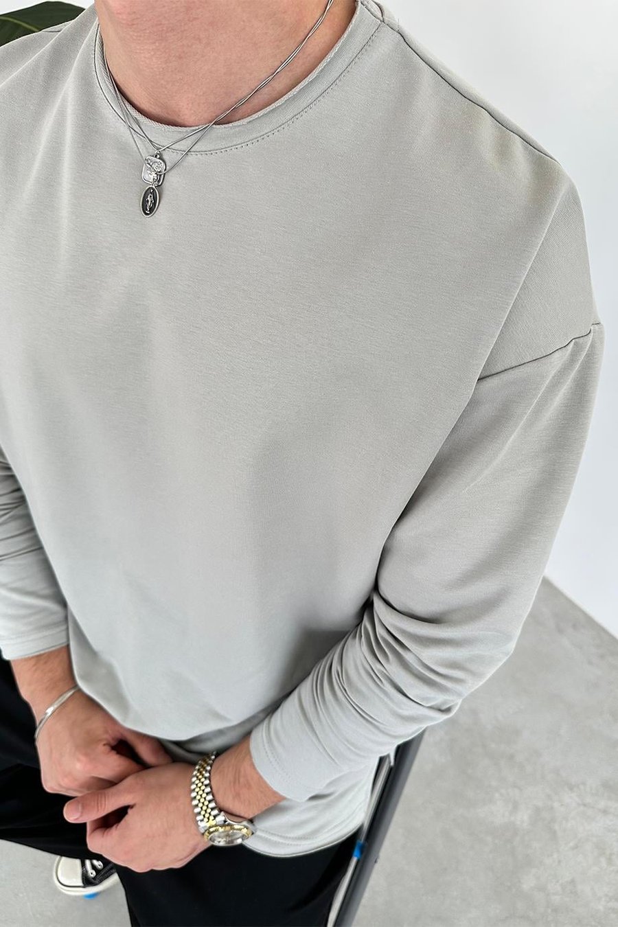 Gri Basic Uzun Kollu Oversize Tişört