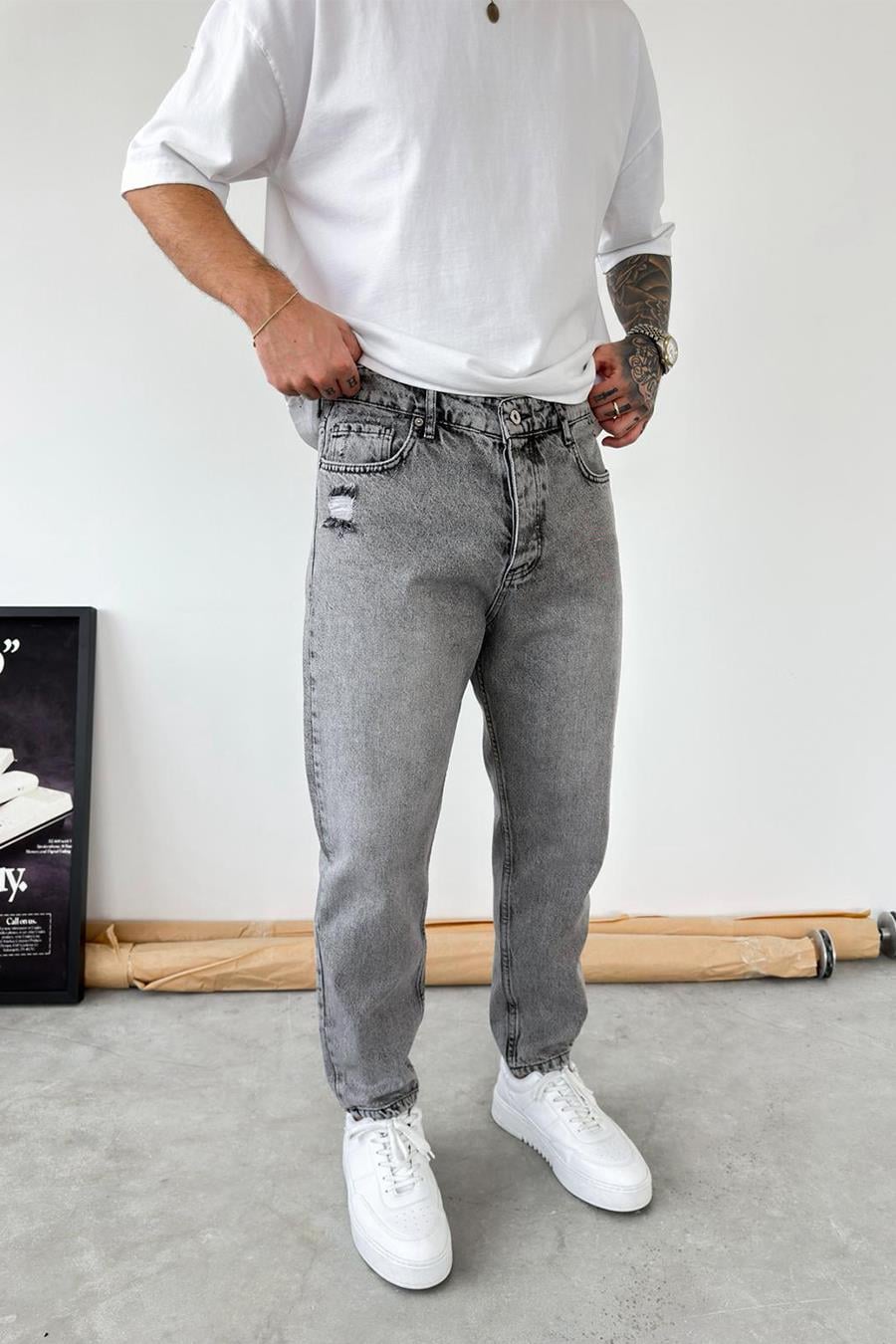 Gri Basic Yırtıklı Boyfriend Pantolon