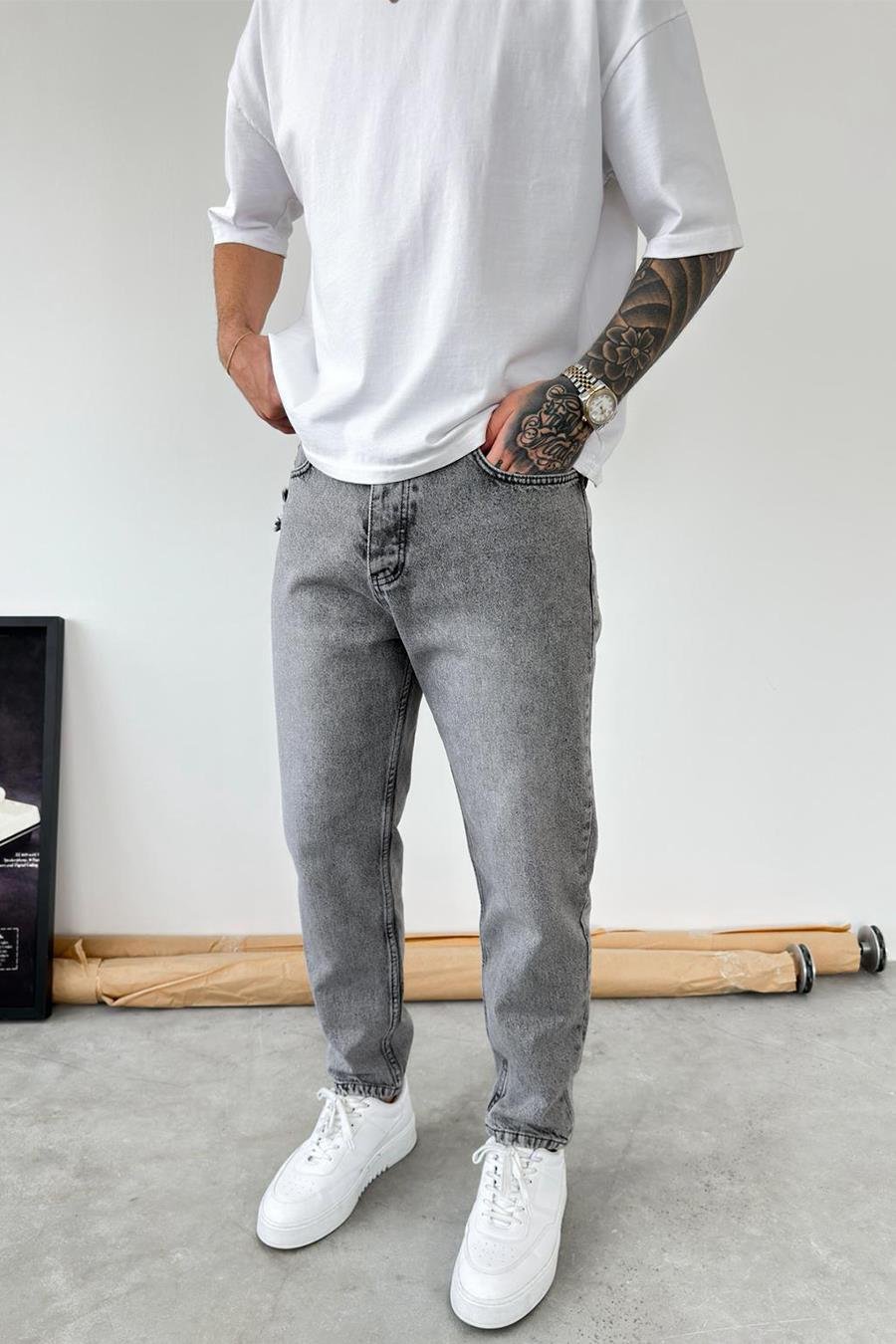Gri Basic Yırtıklı Boyfriend Pantolon