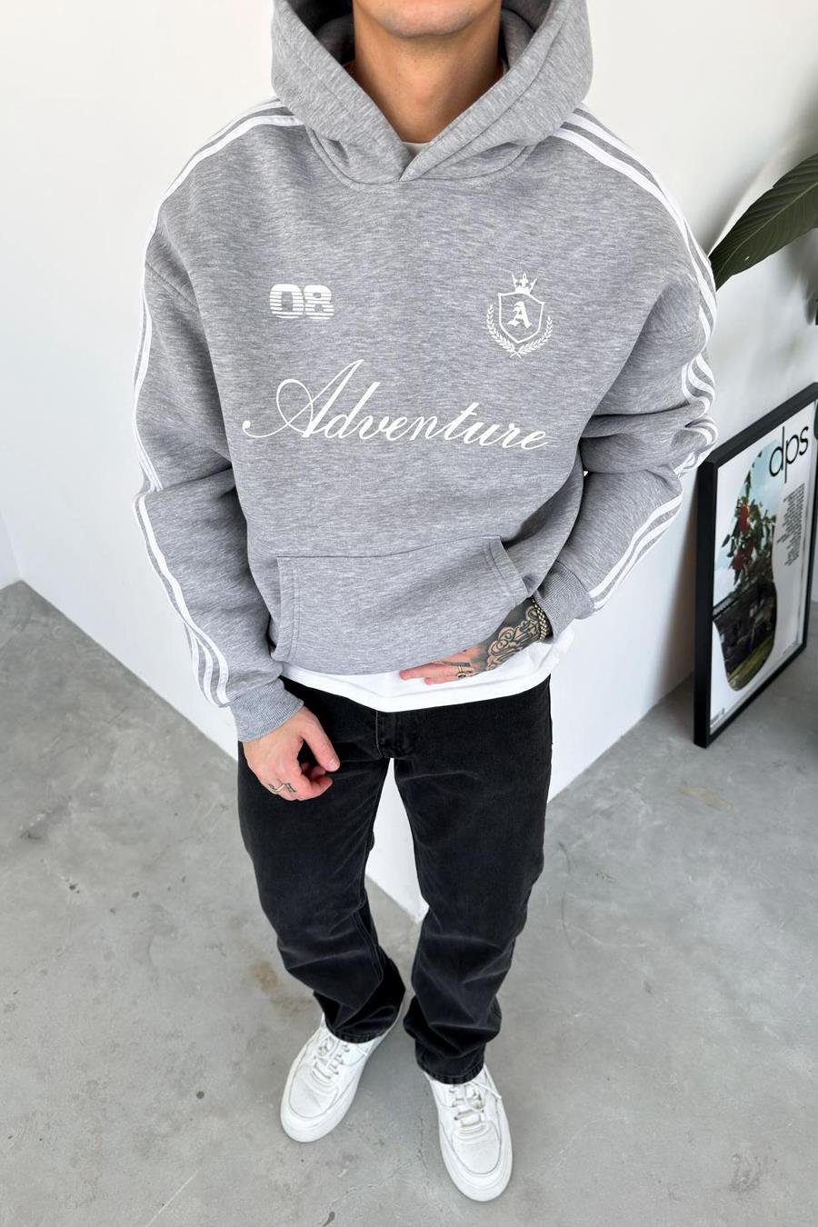 Gri Baskılı Şerit Detay Oversize Sweatshirt