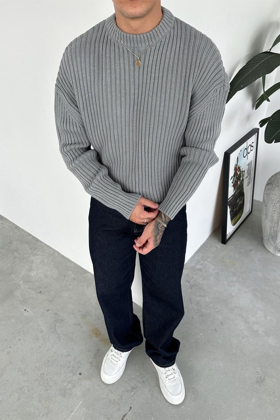 Gri Bisiklet Yaka Fitilli Oversize Triko Kazak