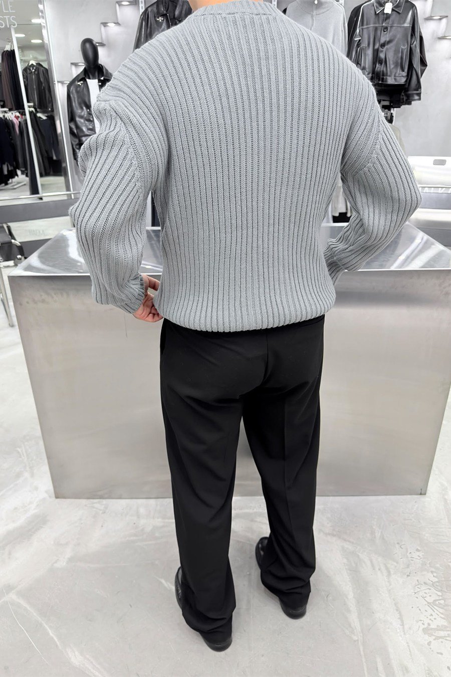 Gri Bisiklet Yaka Fitilli Oversize Triko Kazak
