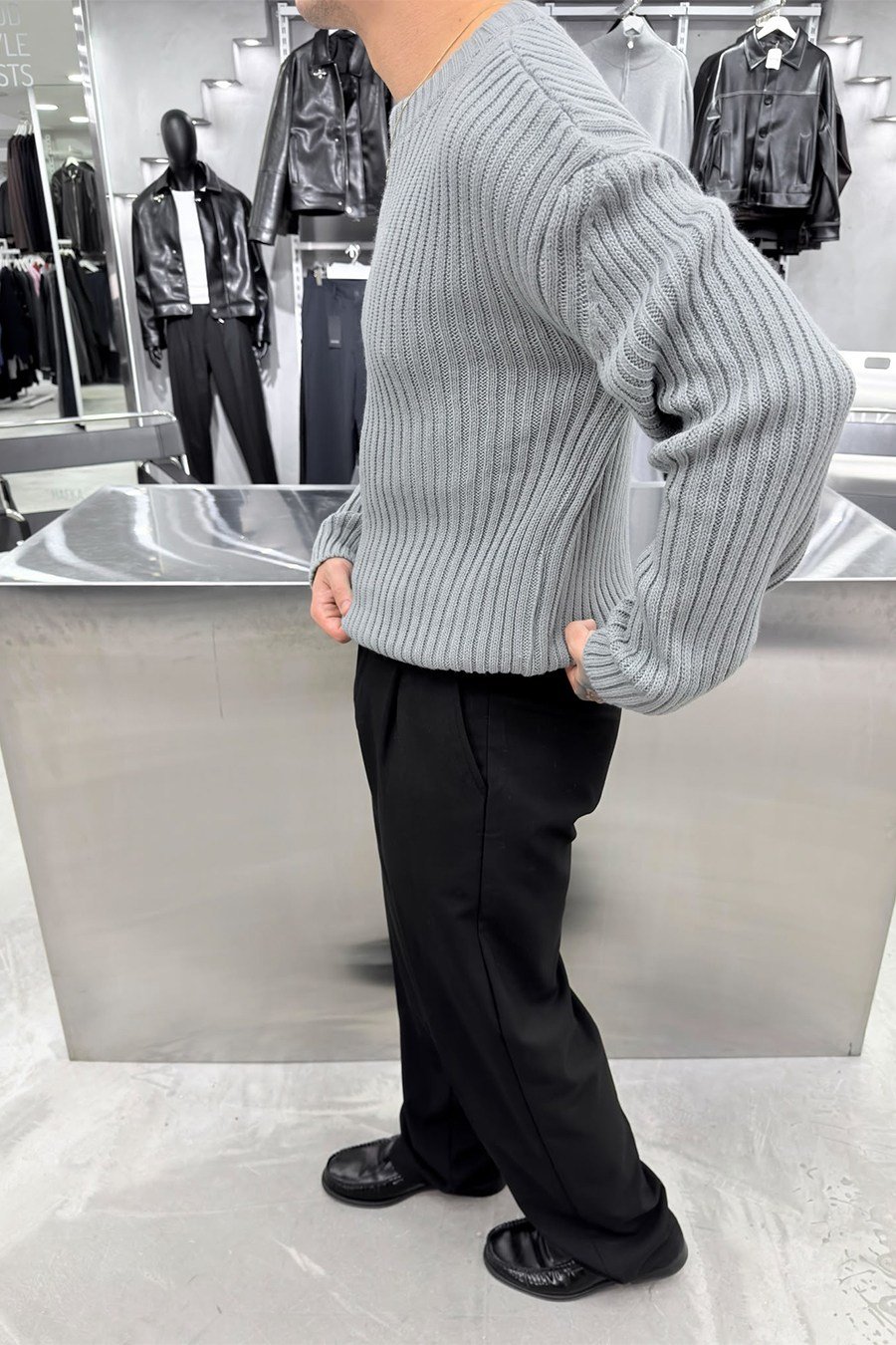 Gri Bisiklet Yaka Fitilli Oversize Triko Kazak
