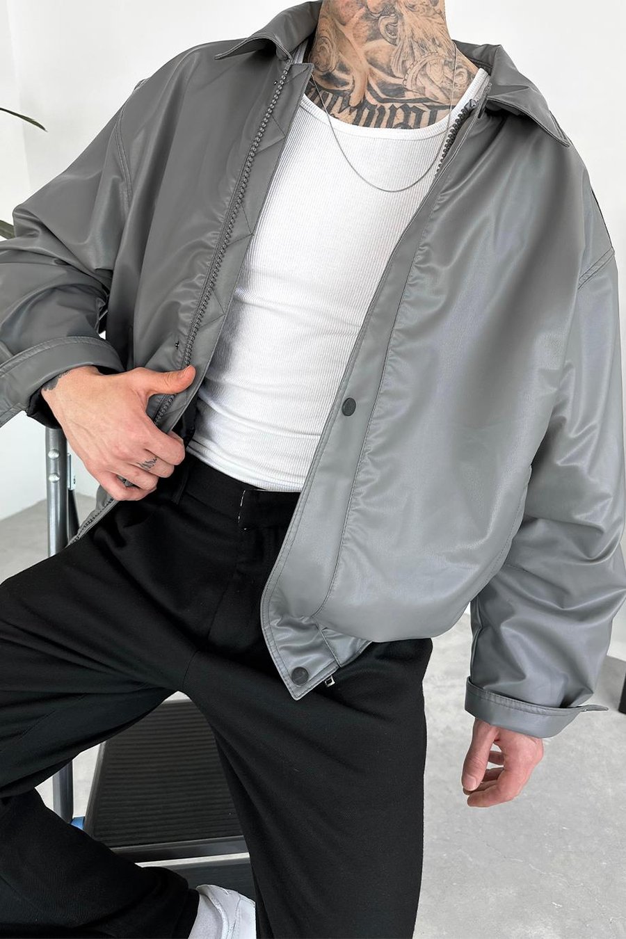 Gri Bomber Oversize Deri Ceket