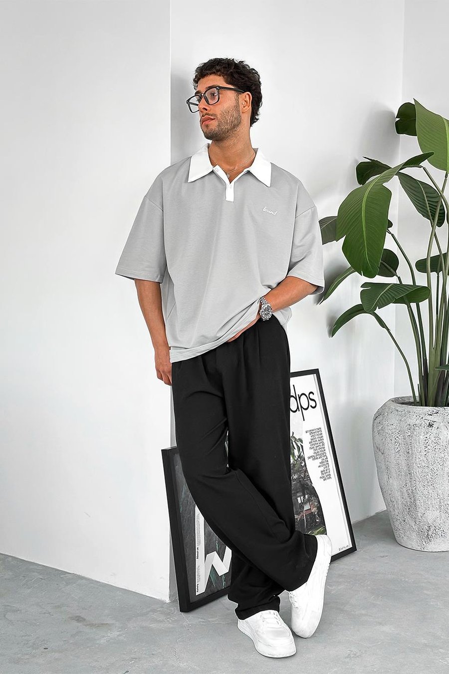 Gri Bound Polo Yaka OUTPLENTY PREMİUM Oversize Tişört