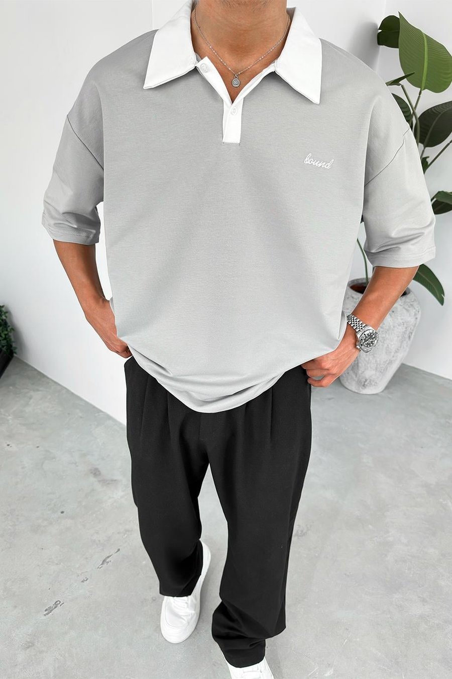 Gri Bound Polo Yaka OUTPLENTY PREMİUM Oversize Tişört