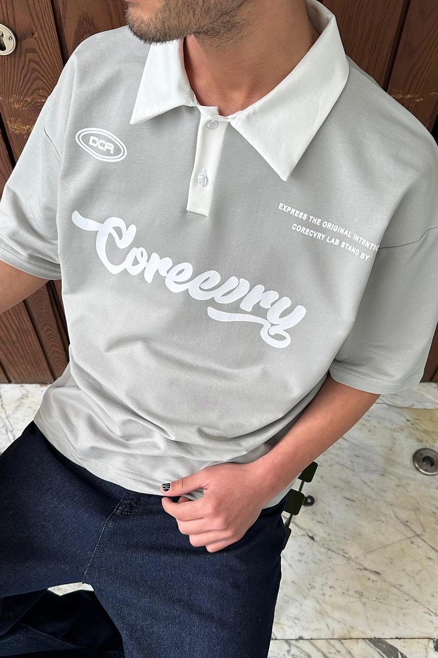 GRİ Coreev Polo Yaka OUTPLENTY PREMİUM Oversize Tişört