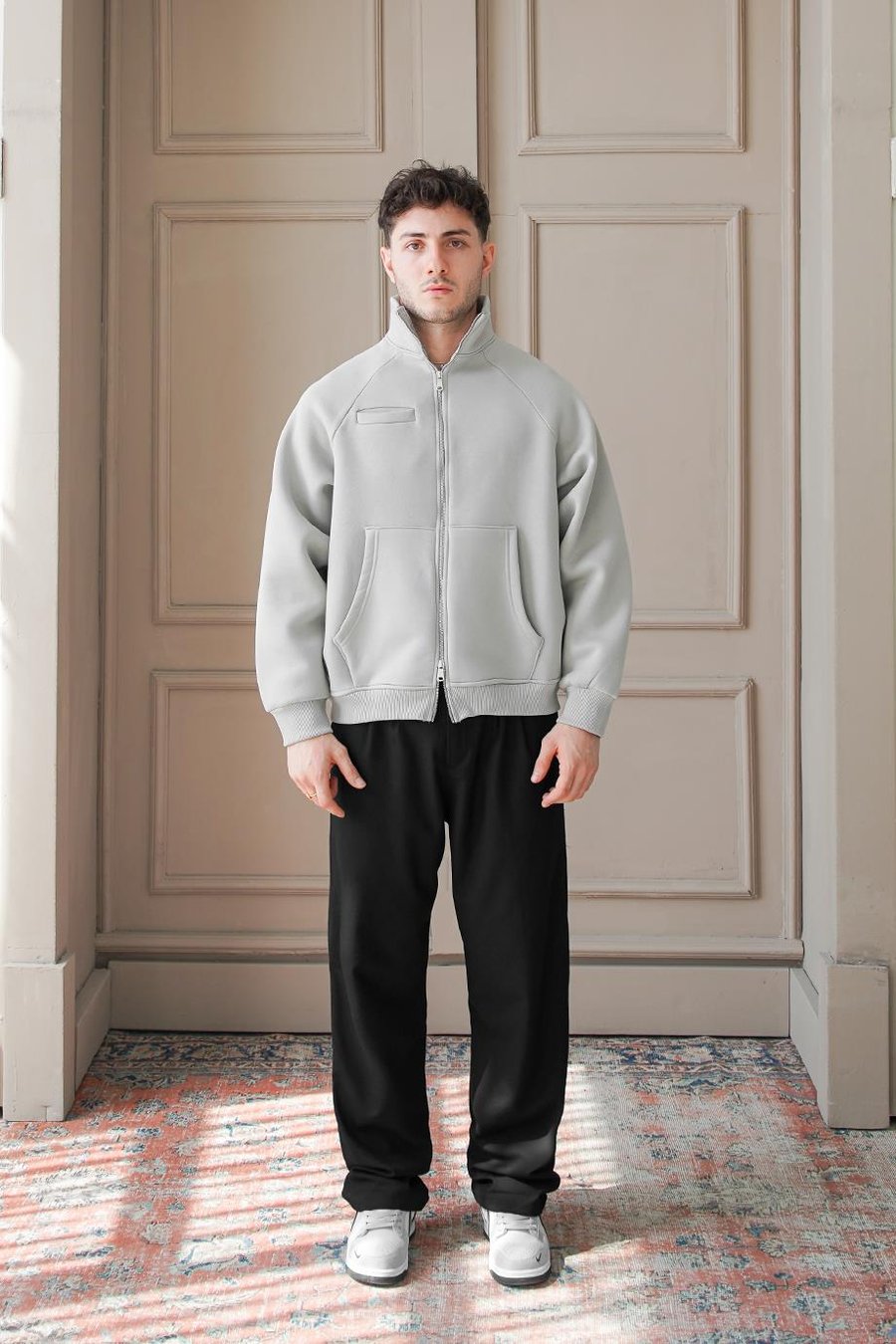 Gri Cozy Basic Çift Fermuar Oversize Sweatshirt