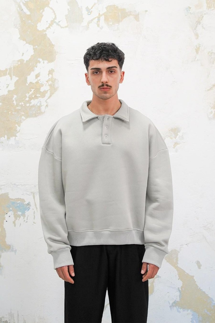 Gri Cozy Basic Oversize Polo Yaka Sweatshirt