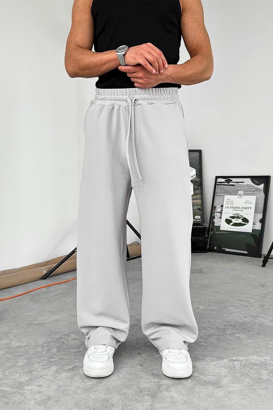 Gri Dokulu Basic Baggy Pantolon