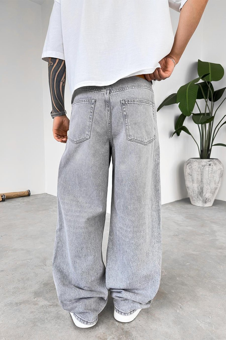 Gri Kemerli Basic Ekstra Bol Baggy Pantolon