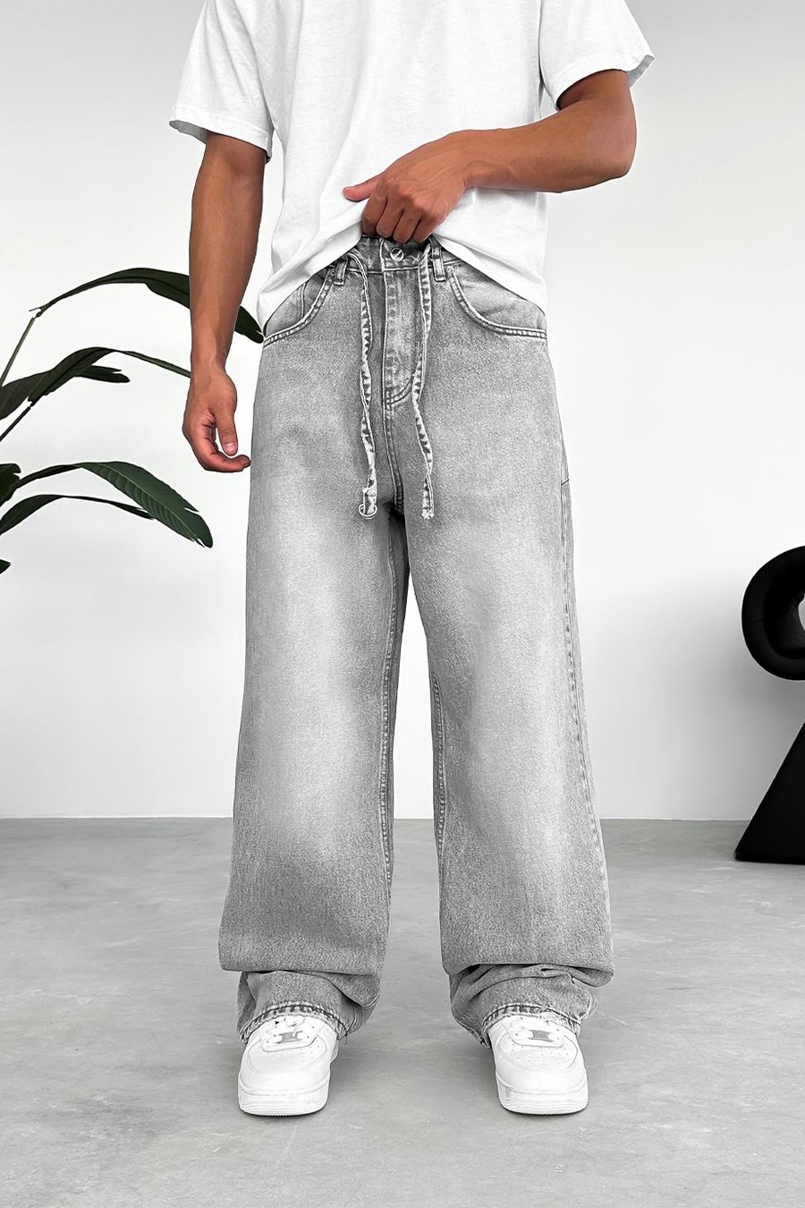 Gri Kemerli Basic Ekstra Bol Baggy Pantolon