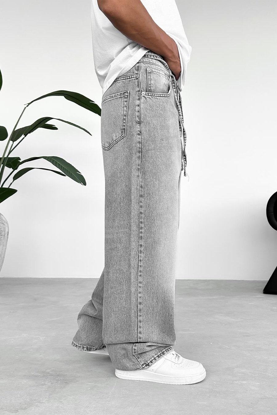 Gri Kemerli Basic Ekstra Bol Baggy Pantolon