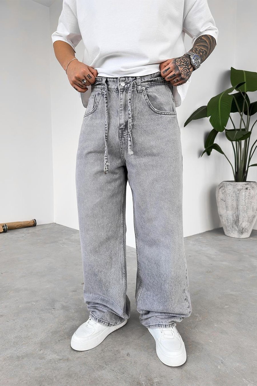 Gri Kemerli Basic Ekstra Bol Baggy Pantolon