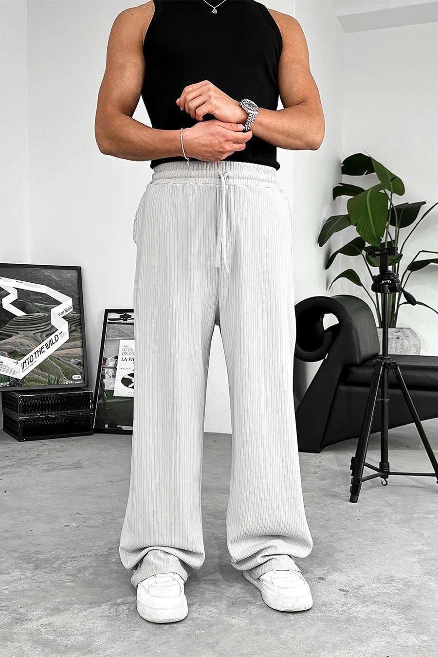 Gri Likralı Fitilli Baggy Pantolon