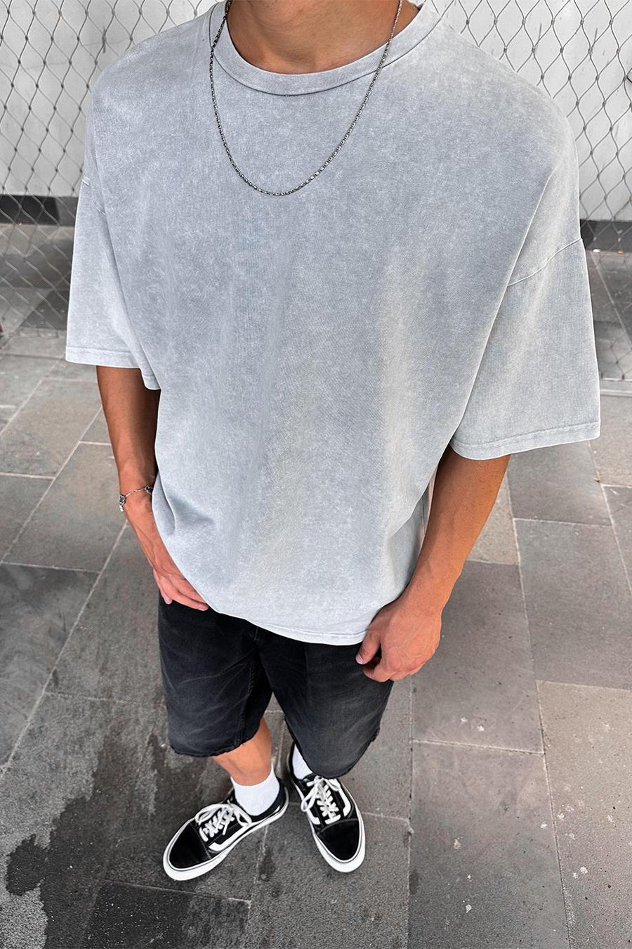 Gri Melanj Acid Wash Basic M7 PM Oversize Tişört