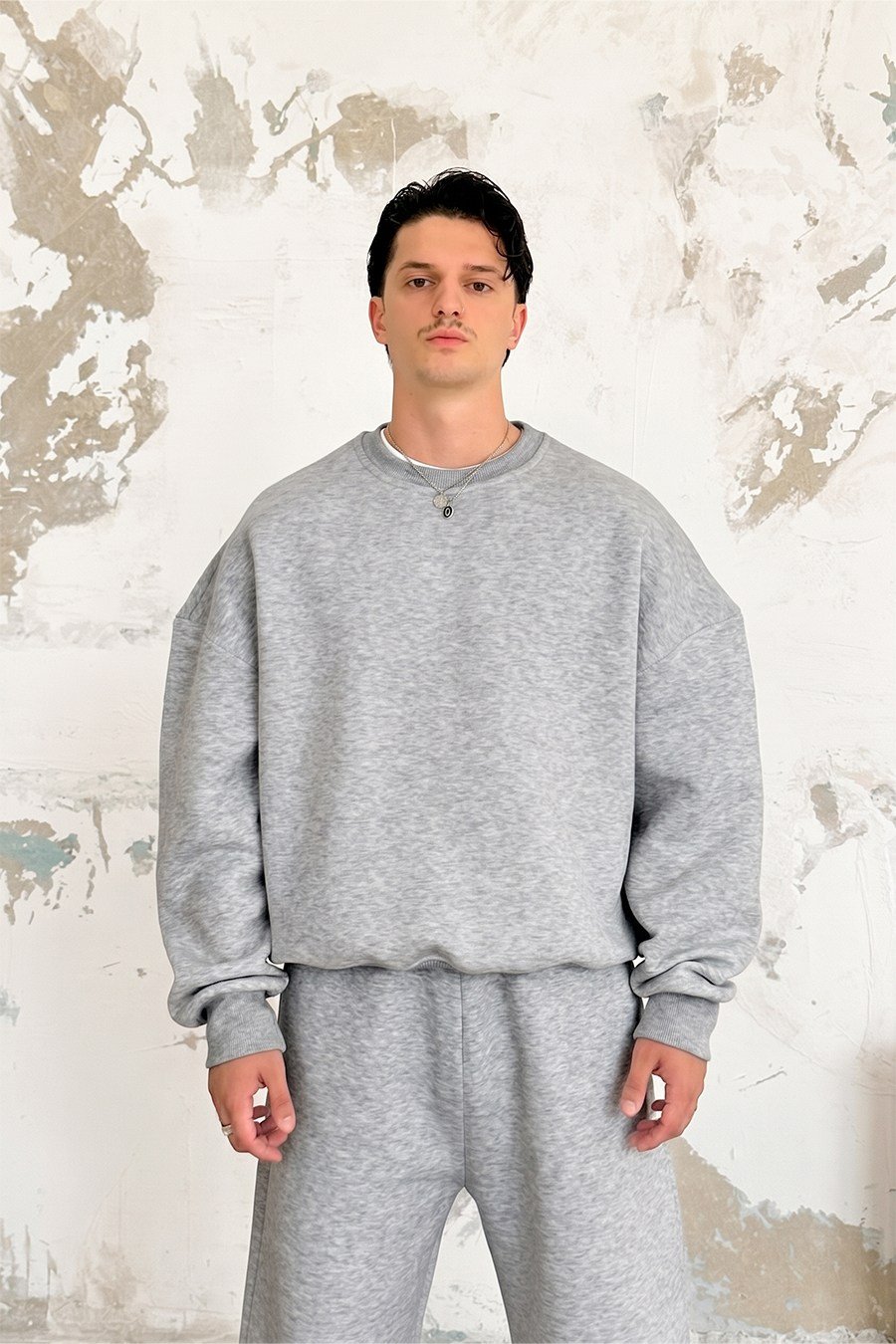 Gri Melanj Cozy Basic Bisiklet Yaka Oversize Eşofman Takımı