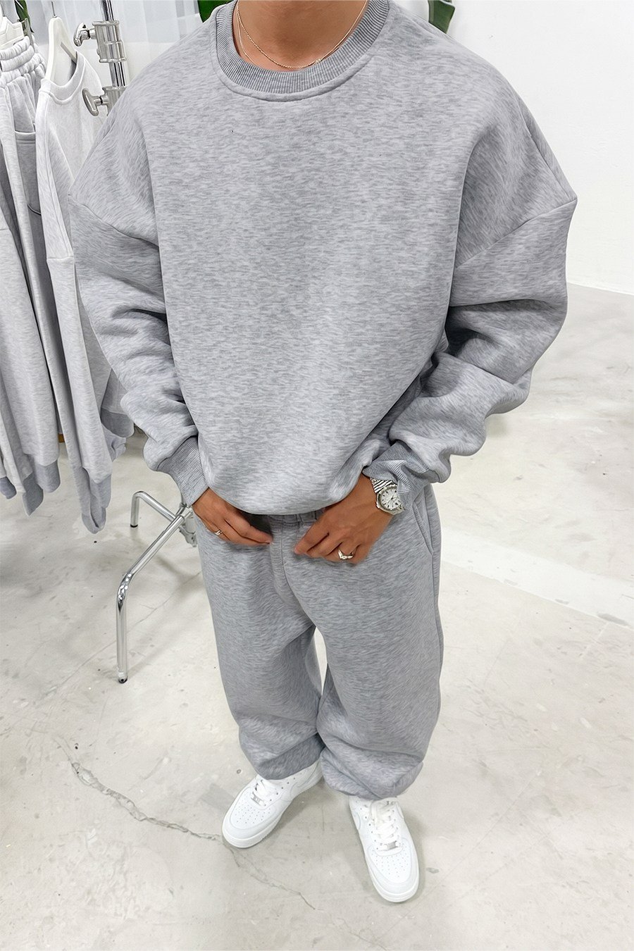Gri Melanj Cozy Basic Bisiklet Yaka Oversize Eşofman Takımı