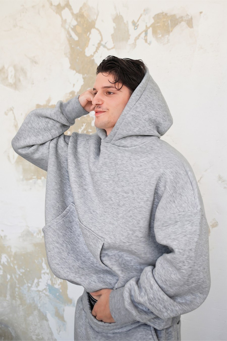 Gri Melanj Cozy Basic Kanguru Oversize Eşofman Takımı